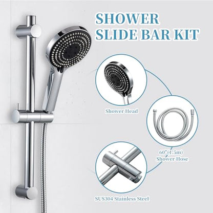 OFFO Shower Slide Bar Combo, Adjustable 21 in Slide Bar with 6-Mode High Pressure Handheld Shower Head and 60 in Stainless Steel Hose, Screw Wall Mounted, Chrome - color: Chrome, style: 21" Slide Bar & 60" Hose