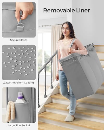 SONGMICS Laundry Basket with Wheels, 3-Section Rolling Laundry Hamper, 52.8 Gallons (200 L), Removable Liner, Steel Frame with Handle, 35.8 x 15.4 x 31.9 Inches, Dove Gray URLS005G01 - color: Dove Gray, size: 200 L (3-Section)