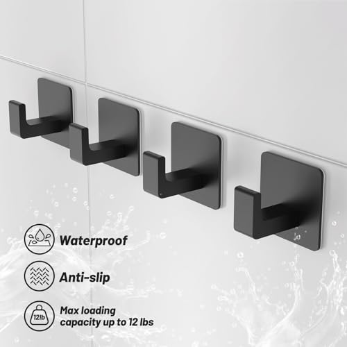 Towel Hooks for Bathroom Adhesive, 4 Pack Matte Black Bathroom Hooks for Towels - Heavy Duty rustproof Towel Hook, sus304 Stainless Steel Adhesive Towel Hooks, Wall Mounted Shower Hooks - color: Black