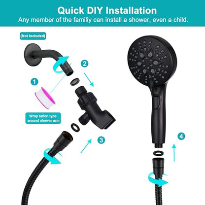 GwernKB Handheld Shower Head with ON OFF Switch & 79in Stainless Steel Hose | Built-in Power Spray,7-Setting High Pressure Spray with Bracket & Extra No Drilling Wall Shower Holder for Lower Mount,Black - color: Matte Black