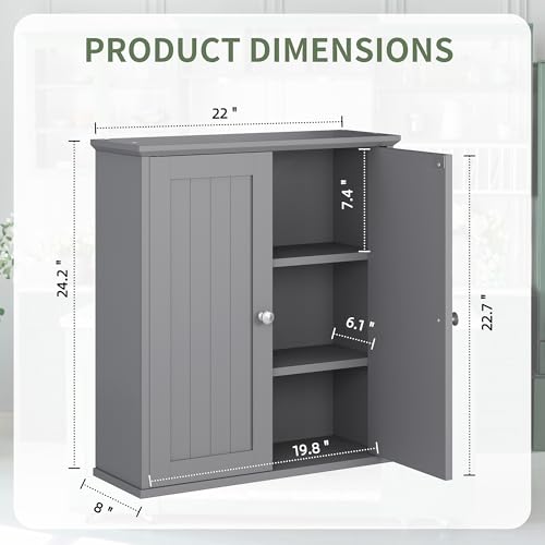 Bathroom Wall Cabinet, Bathroom Cabinet Wall Mount, Over Toilet Space Saver Storage Cabinets Wall Mounted, Wood Medicine Cabinets with Doors, Grey - color: Grey