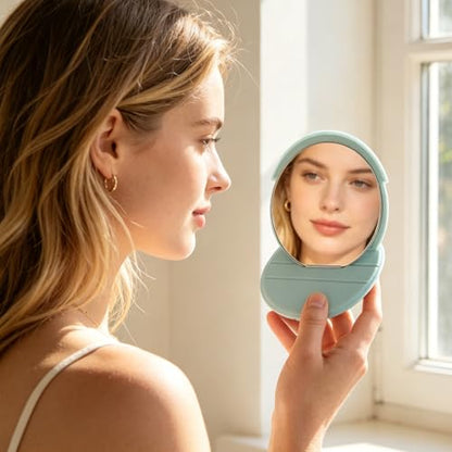 4pcs 2.76 Inch Mini Folding Mirror - Round PU Leather Vanity Desktop Standing Mirror with Frame for Home Countertop Travel Makeup Use Pink, Green
