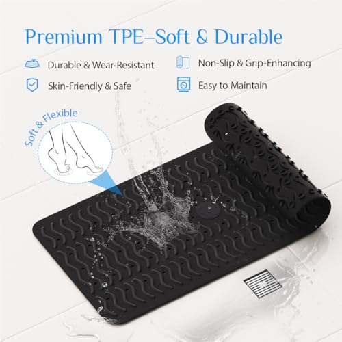 Non Slip Bathtub Mat & Shower Mat, 31x15'' Anti Slip Bath Mat for Tub, Soft TPE Anti-Skid Bathroom Mat with 194 Suction Cups & Drain Holes, Wave-Textured Grip, Machine Washable, Black - color: Black