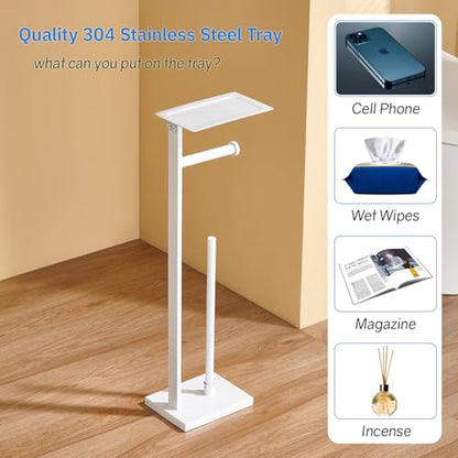 Freestanding Toilet Paper Holder for Bathroom–Stainless Steel Square Tissue Dispenser with Storage Tray & Roll Organizer (White) - color: White