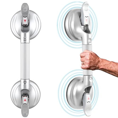 15-Inch Shower Handle - Upgraded Grab Bar with Strong Suction Cups for Bathtub & Shower Safety, Ideal for Seniors, Elderly, Disabled -Silver
