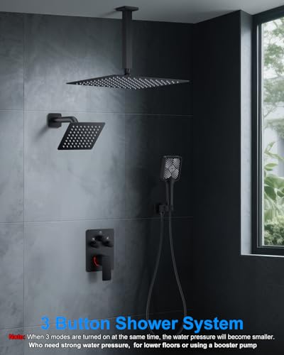 Shower System with Pressure Balance Valve, 12" Ceiling Mount Shower Faucet Set with 2 Rain Shower Head And Multi-function Handheld Head Push Button Diverter Pressure Balancing Valve Kit, Matte Black - color: Matte Black, style: 12"-Square-01
