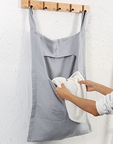 Amazhiyu Pure Linen Over The Door Laundry Hanging Hamper Bag with Bottom Zipper and Pockets Pastel Blue - color: Pastel Blue