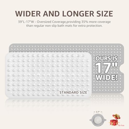 OTHWAY Bath Mat for Tub Non Slip: 39" X 17" Long Bathtub Mat with Hair Catcher│Big Drain Holes Shower Mats for Inside Shower│Machine Washable (Grey) - color: A Gray