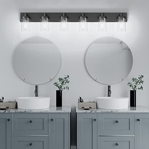 Aipsun 48in Vanity Light Black Bathroom Vanity Lighting Fixtures 6 Light Bathroom Light Fixtures with Clear Glass Shade(Exclude Bulb) - color: Black, size: 6-Light