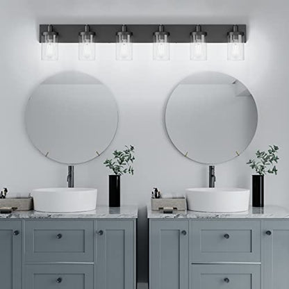 Aipsun 48in Vanity Light Black Bathroom Vanity Lighting Fixtures 6 Light Bathroom Light Fixtures with Clear Glass Shade(Exclude Bulb) - color: Black, size: 6-Light