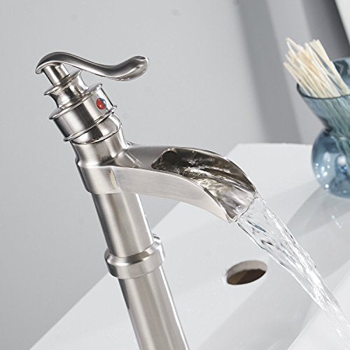Bathroom Sink Faucet Brushed Nickel Vessel Sink Faucet | Waterfall Spout,Single Handle 1 Hole, Deck Mount ,Tall Faucet for Bowl Lavatory Sink,with Supply Hose - color: Brushed Nickel