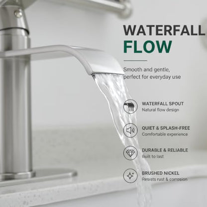 VOTON Bathroom Faucet Brushed Nickel Waterfall with Drain & Deck Plate | Waterfall Spout | Brushed Nickel | Lead-Free SUS 304 | Pop-Up Drain | 1/3 Hole Install | 6 in Deck Plate - color: Brushed Nickel