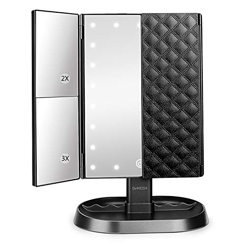 Trifold Lighted Vanity Makeup Mirror with 21 LEDs Lights,1x/2x/3x Magnification and Touch Screen Dimming,Two Power Supplies Makeup Mirror, Gift for Women - color: Black