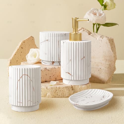 4 Pcs Bathroom Accessories Set -Toothbrush Holders Set | Soap Dispenser , Cotton Swab Jars, Vanity Tray , Bathroom Organizer for Bathrooms Decor, for Home Apartment