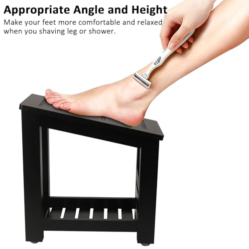 Bamboo Shower Foot Rest Stool for Shaving Legs & Pedicure, Non-Slip Bathroom Foot Step with Storage Pocket, Solid & Water-Resistant,Natural (Black) - color: Black