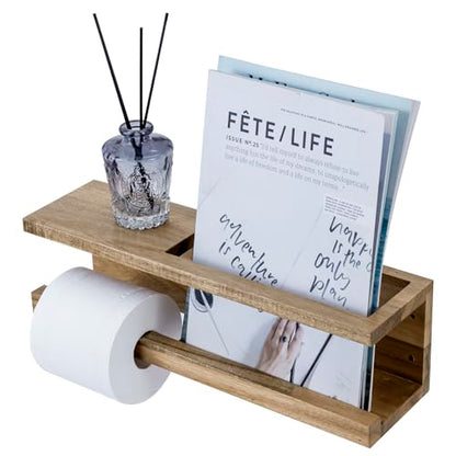 MyGift Wood Toilet Paper Holder with Magazine Rack, Bathroom Magazine Holder Wall Mounted, Durable & Functional, Premium Acacia