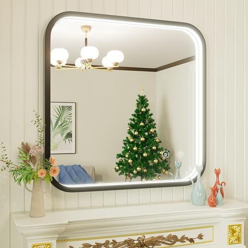 30"x30" Black LED Bathroom Mirror with Lights, 3000K/4500K/6000K | Anti-Fog, Stepless Dimmable, Memory Function, Wall Mounted Aluminum Frame Lighted Bathroom Vanity Mirror, ETL Listed - color: Black, size: 30"L x 30"W