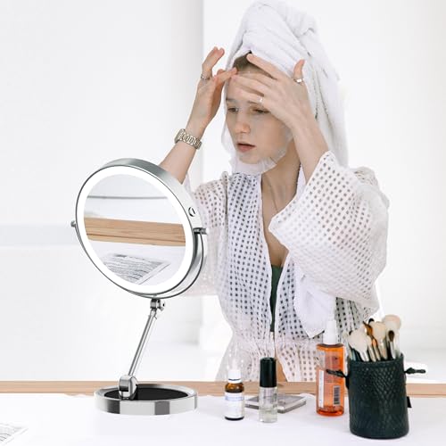 Tabletop Makeup Mirror with Built-in Vanity Tray, 9" Rechargeable 4000mAh Lighted Vanity Mirror 1X/10X Magnification, Height-Adjustable Arm, 3 Color Dimmable (9Inch Chrome) - color: 9inch Chrome