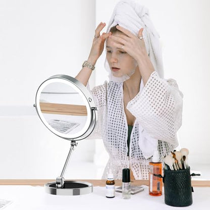Tabletop Makeup Mirror with Built-in Vanity Tray, 9" Rechargeable 4000mAh Lighted Vanity Mirror 1X/10X Magnification, Height-Adjustable Arm, 3 Color Dimmable (9Inch Chrome) - color: 9inch Chrome