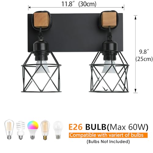 Farmhouse Vanity Light Fixture,2-Light Bathroom Lighting,Black Industrial Wood Wall Light Over Mirror with Metal Shade - color: Black, size: 2-Light-Wide 12"