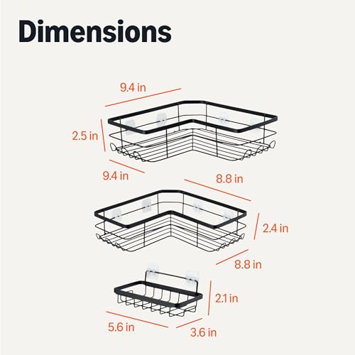 Amazon Basics Corner Shower Caddy Organizer with Soap Holder, Adhesive Wall Mount, Rust Resistant Powder-Coated Stainless Steel, Black, Set of 3 - size: Set of 3
