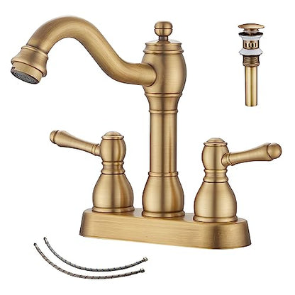Antique Brass Bathroom Faucet 2 Handles 4 Inches Centerset RV Bathroom Vanity Faucet with Drain Assembly and Supply Hose Lavatory Faucet - color: Antique Brass, size: Centerset