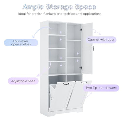 Merax Cabinet with Tilt-Out Laundry Hamper Basket, Tall Bathroom Storage Organizer Linen with Open Shelf for Home, Freestanding, White - color: White
