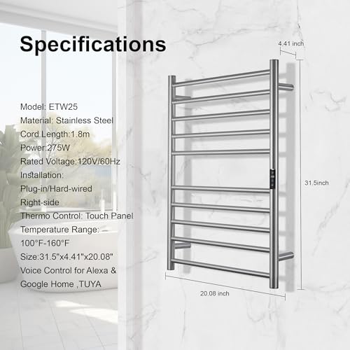 Electric Towel Rack with Voice Control for Alexa & Google Home,TUYA-Wall-Mounted Bathroom Heating Towel Warmer,Stainless Steel Material,31.5x20.08x4.41in,Plug-in,Brushed,10 Bars - color: Brushed With Wifi, size: 10 Bar