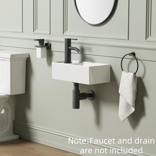 Small Wall Mount Bathroom Vessel Sink, QISHKA 15.5" X 8.5" Rectangular Floating Ceramic Wash Hand Basin- White Wall Hung Vanity Sink with Overflow for Small Bathroom (Left Hand) - size: 15.5" x 8.5" x 5.1"