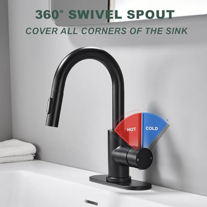 Black Bathroom Sink Faucet with Pull Down Sprayer | 2 Mode Sprayer, with Deck Plate for 1 or 3 Hole, 360° Swivel, with Pop Up Drain for Vanity Bar RV Basin Laundry - color: Matte Black