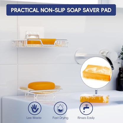 Soap Dish for Shower 2 Pack,Soap Holder with Soap Saver,Stainless Steel Adhesive Soap Dish with 4 Hooks for Bathroom,Kitchen