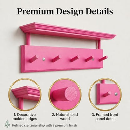 Matías Coat Rack Wall Mount with Shelf, 18 Inch Solid Wood Peg Rail, Wall Mounted Coat Rack with 5 Hooks, Wall Mount Shelf for Entryway, Bathroom or Bedroom (Pink) - color: Pink
