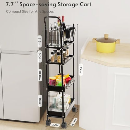 danpinera 4 Tier Slim Cart with Wheels, 7.7’’ Metal Skinny Rolling Storage Cart on Wheels for Kitchen, Bedroom, Office, Laundry Room, Small Narrow Spaces with Hooks and Cups, Black
