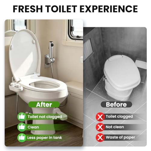 2-in-1 RV Bidet Attachment and Handheld Sprayer Combo for Camper Toilet, Non-Electric Dual Nozzle Toilet Bidet with Metal Spray Wand, Adjustable Pressure - color: White Knob