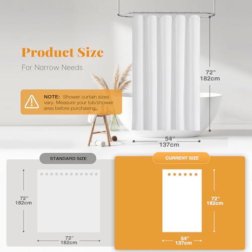 Narrow Linen Textured Waterproof Thick Shower Curtain, 54x72, White | Small Size, 230GSM Polyester, Heavy Duty Fabric, Weighted Hem, 10 Plastic Hooks, Modern Luxury Hotel Style, Machine Washable - color: White, size: 54"W x 72"L (Pack of 1)