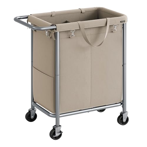 SONGMICS Laundry Basket with Wheels, 2-Section Rolling Laundry Hamper, 37 Gallons (140 L), Removable Liner, Steel Frame with Handle, 27.2 x 15.4 x 31.9 Inches, Camel Brown URLS004N01 - color: Camel Brown, size: 140 L (2-Section)