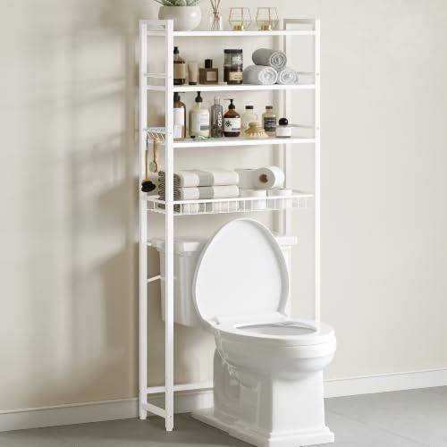 Over The Toilet Storage Shelf, 4-Tier Bathroom Organizer with Basket & Hooks, Sturdy Space Saver for Small Bathrooms, White - color: White