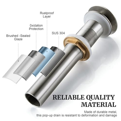 Pop up Sink Drain Stopper Without Overflow Brushed Nickel for Bathroom Vessel Vanity Sink Art Basin, Big Cap Sink Drain Without Overflow, Metal Pop-up Drain Strainer with Detachable Basket Stopper - color: Brushed Nickel, style: without overflow