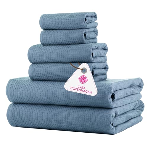 CASA COPENHAGEN Waffle 6Pcs 100% Egyptian Cotton Large Designer Towels Gift Set- Dusty Blue, 2Bath 2Hand 2Washcloths, Bath Towels for Bathroom (Box Pack, Set for Women & Men) - color: Waffle 6pcs Towel Set Dusty Blue, size: 6 Pieces