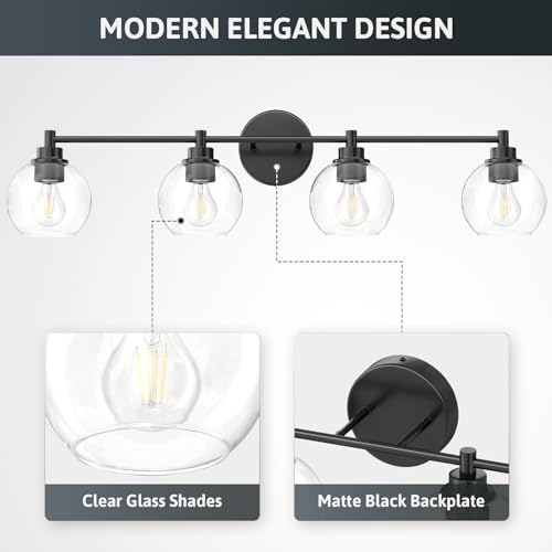 VONLUCE 4 Light Bathroom Vanity Light Fixtures, Black Finish | Globe Glass Shades, E26 Sockets, Easy to install, Vanity Lights for Bedroom Hallway Living Room - color: Black, size: 4-Light