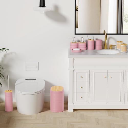 XLHOMO Pink Bathroom Set - 10PC Bathroom Accessories Set, Luxury Bathroom Accessory Set with Trash Can,Toilet Brush & 2 PC Soap Dispensers for Apartment Decor and Housewarming - size: Press-lid Bathroom Set, style: Pink