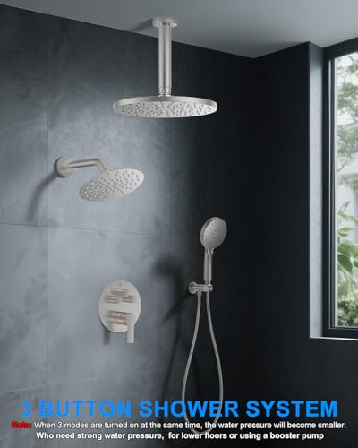 Shower System with Pressure Balance Valve, 10" Ceiling Mount Shower Faucet Set with 2 Rain Head and Multi-function Handheld Push Button Diverter Valve Kit,Brushed Nickel - color: Brushed Nickel, style: 10"-Round