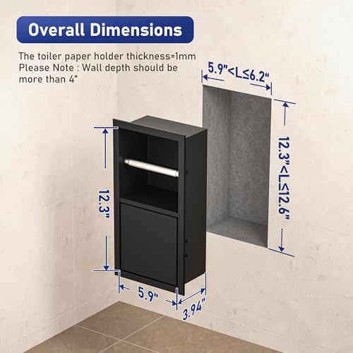 Toilet Paper Holder, Hidden Tampon Storage Holder | in Wall Toilet Roll Holder, Recessed Toilet Niche for Bathroom (Matte Black) - color: Matte Black