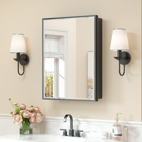 Keonjinn 20" x 26" Black Medicine Cabinet for Bathroom, Fully Assembled, Recessed or Surface Wall-Mounted, Aluminum Framed Beveled Mirror with Storage, Mirrored Cabinets with 2 Adjustable Shelves - color: Black, size: Mirror: 20x26 IN, style: Single-Door