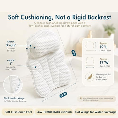 Bath Pillows for Tub, Bathtub Pillow for Head & Neck, Spine-Line Groove | Extended Wings | Spine-Line Groove | Extra Thick Headrest | Quick-Dry 4D Air Mesh | 6 Non-Slip Suction Cups | Laundry Bag