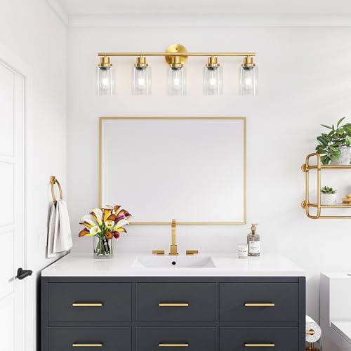 5-Light Bathroom Vanity Lights, E26 Modern Brushed Gold Bathroom Light Fixtures with Clear Glass Shade, Mirror Kitchen Hallway Cabinet Living Room Sconces Wall Lights - color: Gold & Clear Glass Shade, size: 31.4 Inch : 5-Light