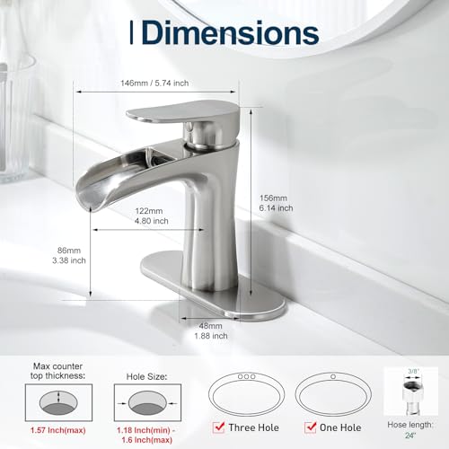 VOTON Bathroom Faucets Brushed Nickel Single Handle Waterfall Sink Faucet One Hole or Three Holes with Deck Mount Vanity Farmhouse RV Vessel Basin Faucet - color: B-Brushed Nickel, style: Without Drain