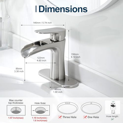 VOTON Bathroom Faucets Brushed Nickel Single Handle Waterfall Sink Faucet One Hole or Three Holes with Deck Mount Vanity Farmhouse RV Vessel Basin Faucet - color: B-Brushed Nickel, style: Without Drain