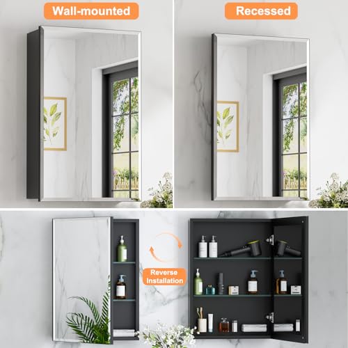 16x24 Inch Medicine Cabinet with Mirror, Aluminum Medicine Cabinet, Black | Tempered Beveled Edge Mirror Single Door, Adjustable Glass Shelves, Surface or Recessed Mount Bathroom Mirrors with Storage - size: 16 in. x 24 in.