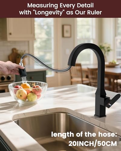 DAYONE Black Square Kitchen Faucet – Modern Pull-Down Sprayer with 2-Mode Kitchen Sink Faucet, 360° Swivel Fits Bar/RV Sinks, SUS 304 Stainless Steel with Square Deck Plate - color: Matte Black